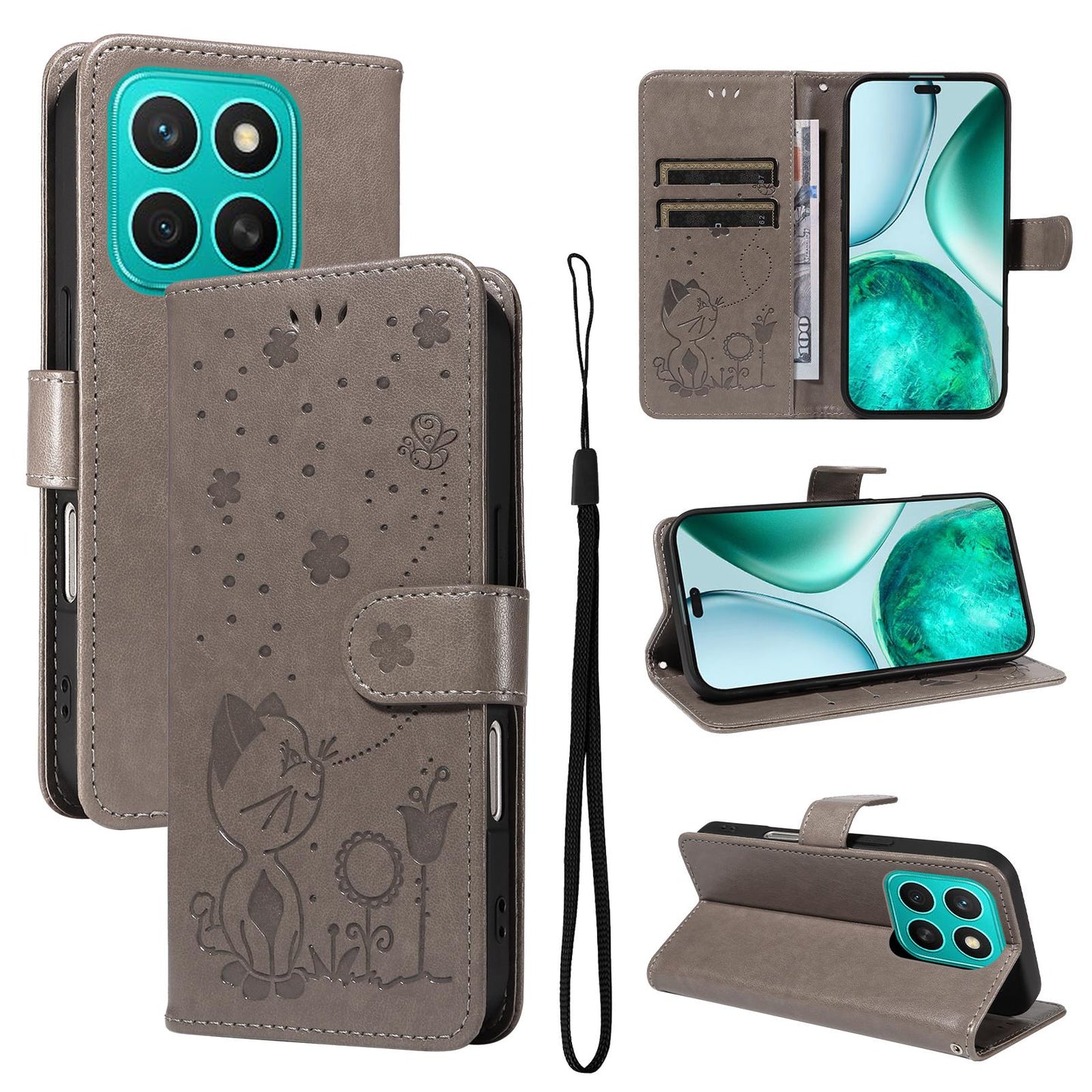 For Honor X8c 4G Cat and Bee Embossed Flip Leather Phone Case Wallet Cover with Card Slots Cash Pocket Magnetic Stand Protective Shockproof TPU PU Leather Case with Wrist Strap