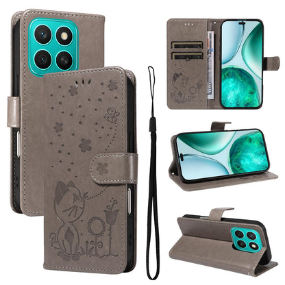 For Honor X8c 4G Cat and Bee Embossed Flip Leather Phone Case Wallet Cover with Card Slots Cash Pocket Magnetic Stand Protective Shockproof TPU PU Leather Case with Wrist Strap