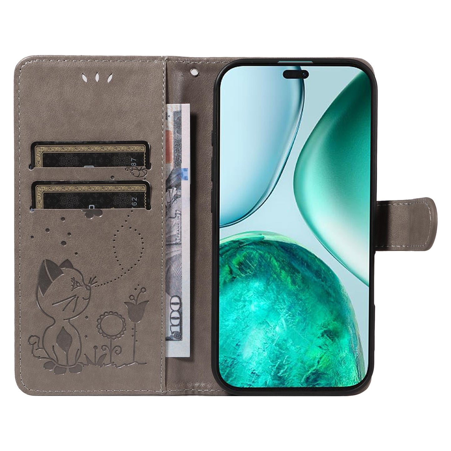 For Honor X8c 4G Cat and Bee Embossed Flip Leather Phone Case Wallet Cover with Card Slots Cash Pocket Magnetic Stand Protective Shockproof TPU PU Leather Case with Wrist Strap