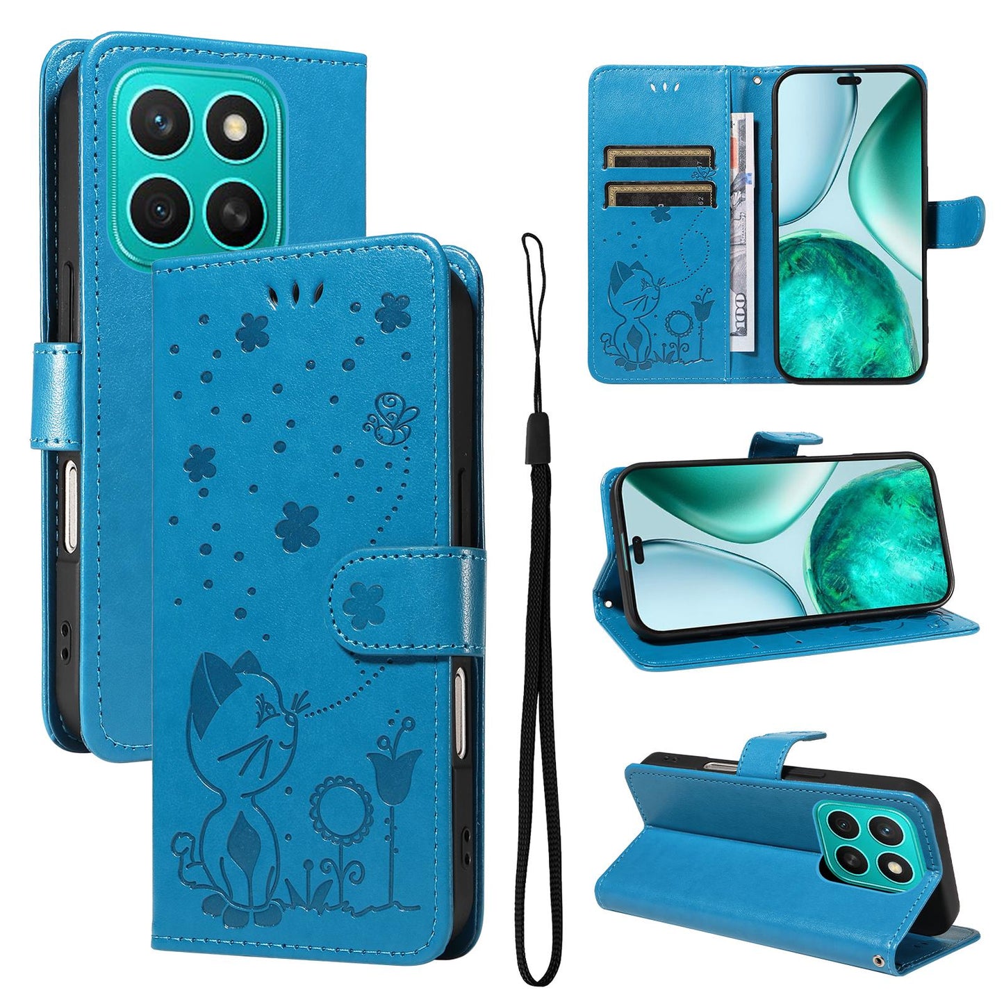 For Honor X8c 4G Cat and Bee Embossed Flip Leather Phone Case Wallet Cover with Card Slots Cash Pocket Magnetic Stand Protective Shockproof TPU PU Leather Case with Wrist Strap
