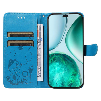 For Honor X8c 4G Cat and Bee Embossed Flip Leather Phone Case Wallet Cover with Card Slots Cash Pocket Magnetic Stand Protective Shockproof TPU PU Leather Case with Wrist Strap