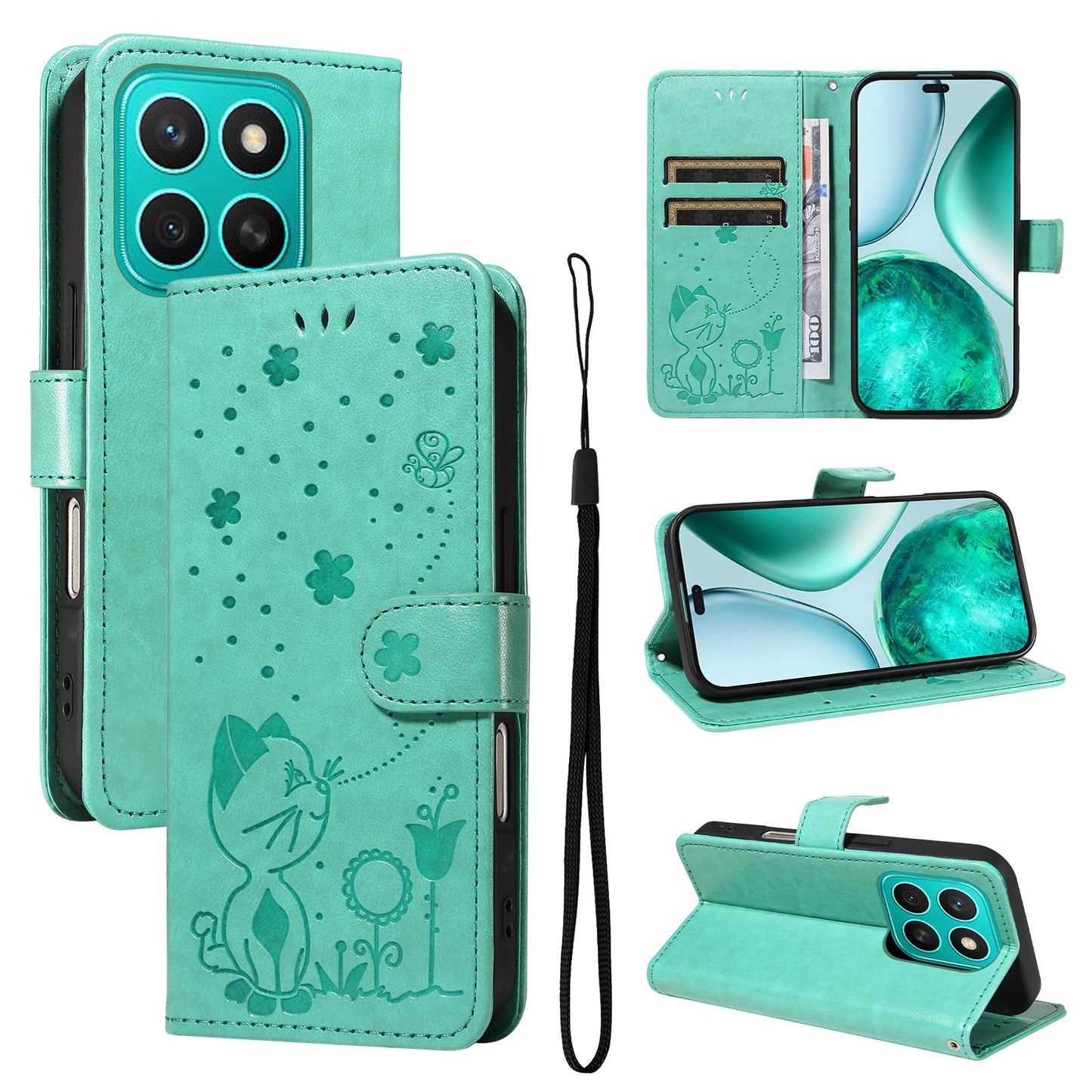 For Honor X8c 4G Cat and Bee Embossed Flip Leather Phone Case Wallet Cover with Card Slots Cash Pocket Magnetic Stand Protective Shockproof TPU PU Leather Case with Wrist Strap