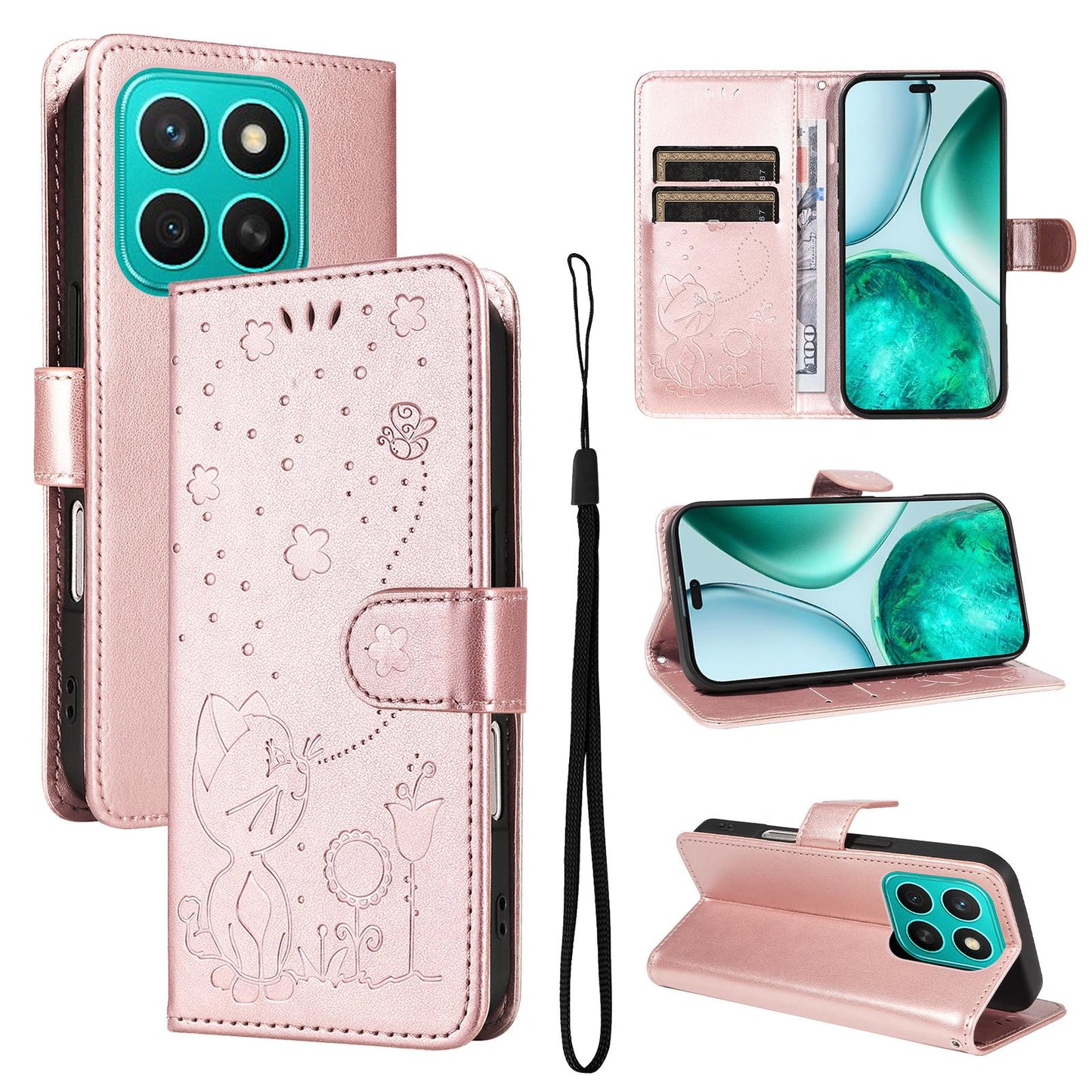For Honor X8c 4G Cat and Bee Embossed Flip Leather Phone Case Wallet Cover with Card Slots Cash Pocket Magnetic Stand Protective Shockproof TPU PU Leather Case with Wrist Strap
