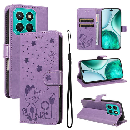 For Honor X8c 4G Cat and Bee Embossed Flip Leather Phone Case Wallet Cover with Card Slots Cash Pocket Magnetic Stand Protective Shockproof TPU PU Leather Case with Wrist Strap