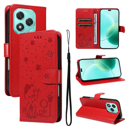 For Honor 400 Lite Cat and Bee Embossed Flip Leather Phone Case Wallet Cover with Card Slots Cash Pocket Magnetic Stand Protective Shockproof TPU PU Leather Case with Wrist Strap