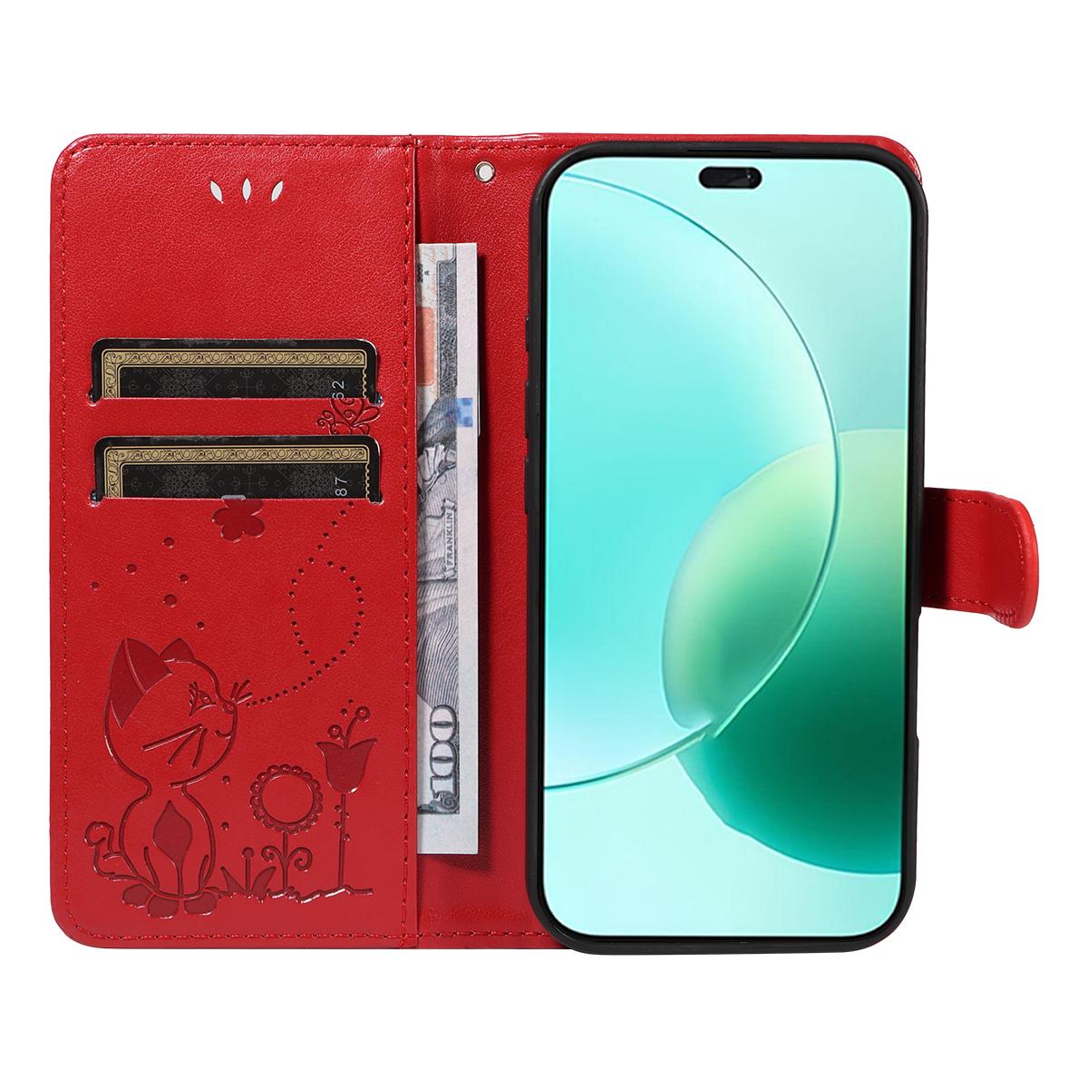 For Honor 400 Lite Cat and Bee Embossed Flip Leather Phone Case Wallet Cover with Card Slots Cash Pocket Magnetic Stand Protective Shockproof TPU PU Leather Case with Wrist Strap