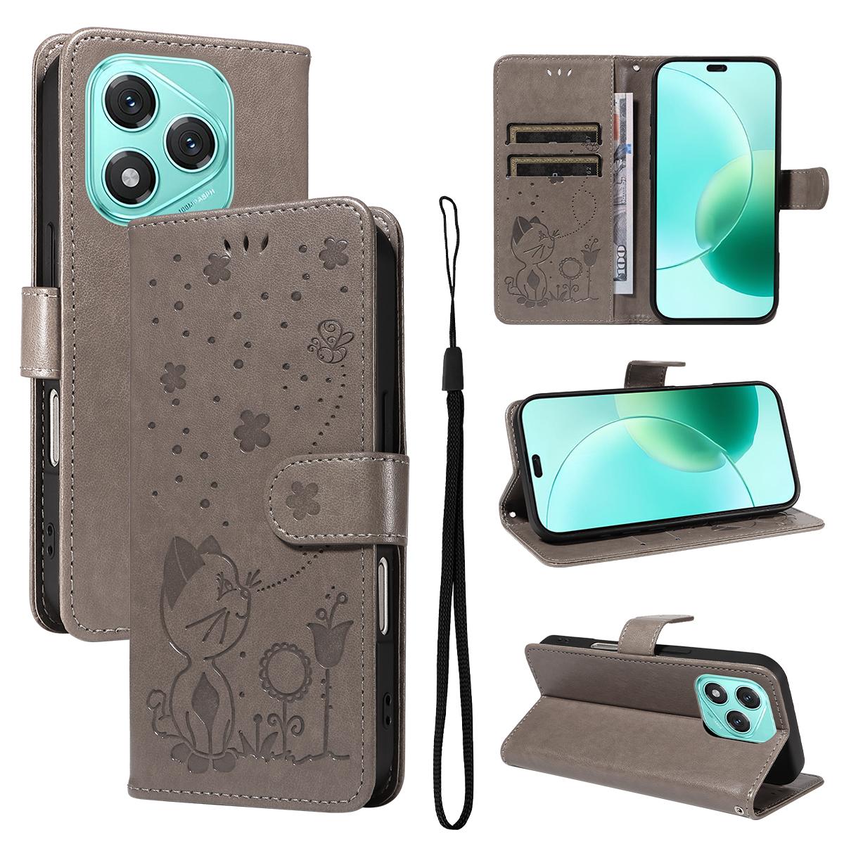For Honor 400 Lite Cat and Bee Embossed Flip Leather Phone Case Wallet Cover with Card Slots Cash Pocket Magnetic Stand Protective Shockproof TPU PU Leather Case with Wrist Strap