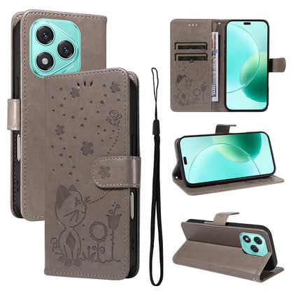 For Honor 400 Lite Cat and Bee Embossed Flip Leather Phone Case Wallet Cover with Card Slots Cash Pocket Magnetic Stand Protective Shockproof TPU PU Leather Case with Wrist Strap