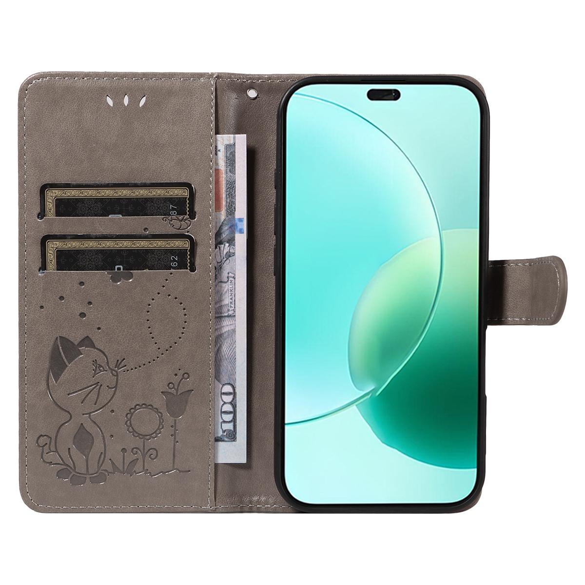 For Honor 400 Lite Cat and Bee Embossed Flip Leather Phone Case Wallet Cover with Card Slots Cash Pocket Magnetic Stand Protective Shockproof TPU PU Leather Case with Wrist Strap