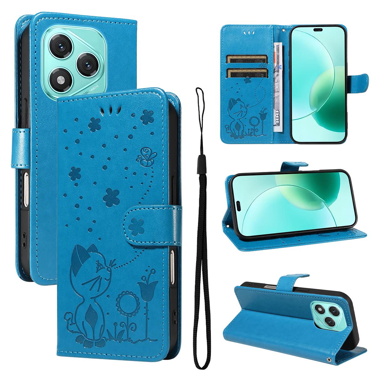 For Honor 400 Lite Cat and Bee Embossed Flip Leather Phone Case Wallet Cover with Card Slots Cash Pocket Magnetic Stand Protective Shockproof TPU PU Leather Case with Wrist Strap