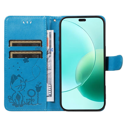 For Honor 400 Lite Cat and Bee Embossed Flip Leather Phone Case Wallet Cover with Card Slots Cash Pocket Magnetic Stand Protective Shockproof TPU PU Leather Case with Wrist Strap