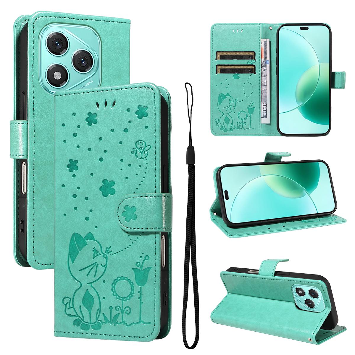 For Honor 400 Lite Cat and Bee Embossed Flip Leather Phone Case Wallet Cover with Card Slots Cash Pocket Magnetic Stand Protective Shockproof TPU PU Leather Case with Wrist Strap