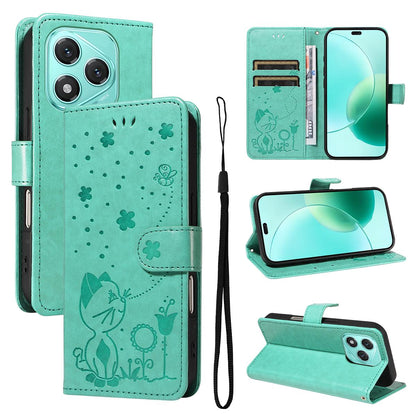 For Honor 400 Lite Cat and Bee Embossed Flip Leather Phone Case Wallet Cover with Card Slots Cash Pocket Magnetic Stand Protective Shockproof TPU PU Leather Case with Wrist Strap