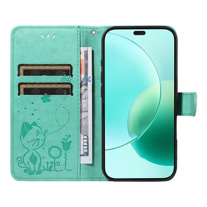 For Honor 400 Lite Cat and Bee Embossed Flip Leather Phone Case Wallet Cover with Card Slots Cash Pocket Magnetic Stand Protective Shockproof TPU PU Leather Case with Wrist Strap