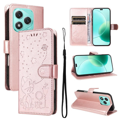 For Honor 400 Lite Cat and Bee Embossed Flip Leather Phone Case Wallet Cover with Card Slots Cash Pocket Magnetic Stand Protective Shockproof TPU PU Leather Case with Wrist Strap