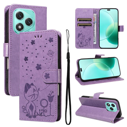 For Honor 400 Lite Cat and Bee Embossed Flip Leather Phone Case Wallet Cover with Card Slots Cash Pocket Magnetic Stand Protective Shockproof TPU PU Leather Case with Wrist Strap