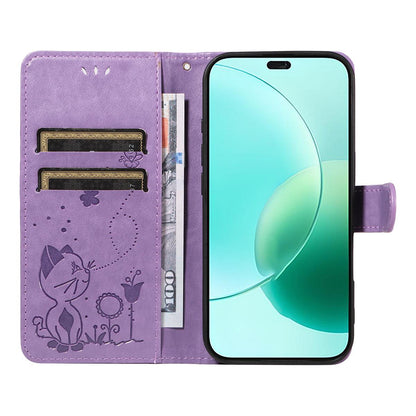 For Honor 400 Lite Cat and Bee Embossed Flip Leather Phone Case Wallet Cover with Card Slots Cash Pocket Magnetic Stand Protective Shockproof TPU PU Leather Case with Wrist Strap