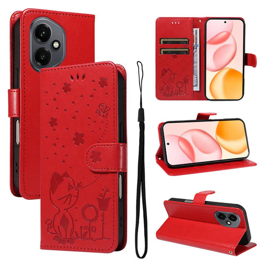 For Honor 400 156.5mm Cat and Bee Embossed Flip Leather Phone Case Wallet Cover with Card Slots Cash Pocket Magnetic Stand Protective Shockproof TPU PU Leather Case with Wrist Strap