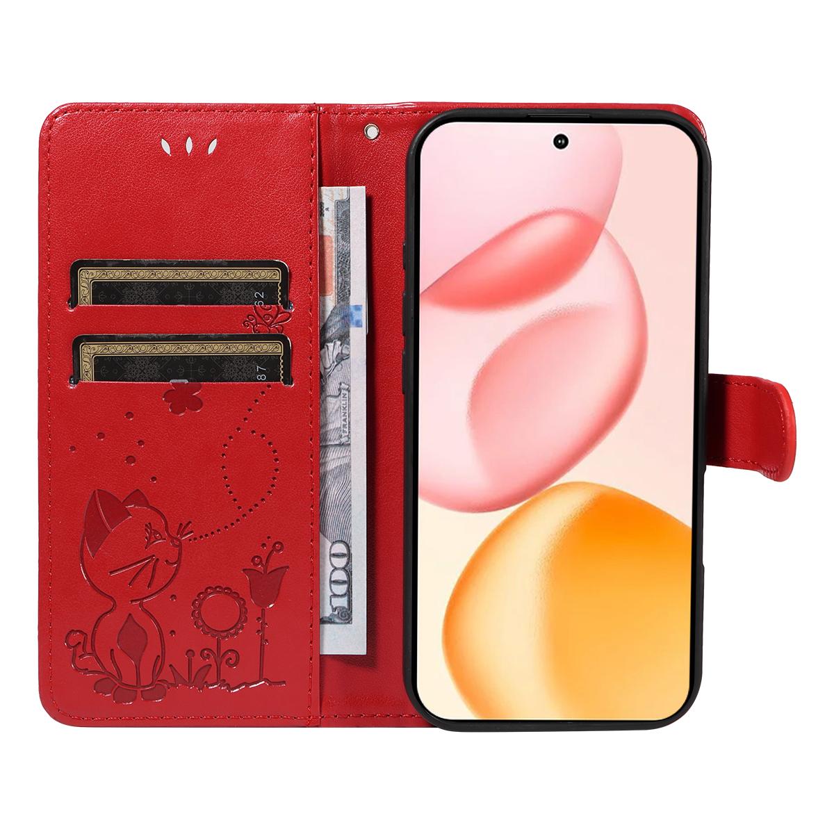 For Honor 400 156.5mm Cat and Bee Embossed Flip Leather Phone Case Wallet Cover with Card Slots Cash Pocket Magnetic Stand Protective Shockproof TPU PU Leather Case with Wrist Strap