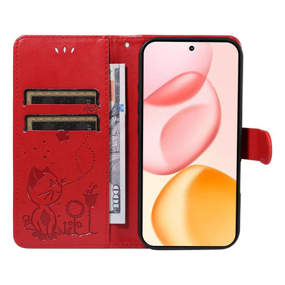 For Honor 400 156.5mm Cat and Bee Embossed Flip Leather Phone Case Wallet Cover with Card Slots Cash Pocket Magnetic Stand Protective Shockproof TPU PU Leather Case with Wrist Strap