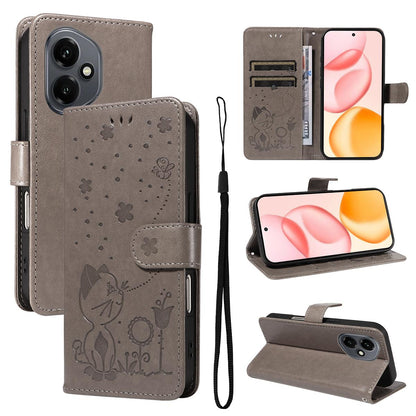 For Honor 400 156.5mm Cat and Bee Embossed Flip Leather Phone Case Wallet Cover with Card Slots Cash Pocket Magnetic Stand Protective Shockproof TPU PU Leather Case with Wrist Strap