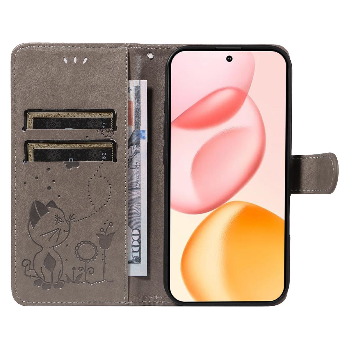 For Honor 400 156.5mm Cat and Bee Embossed Flip Leather Phone Case Wallet Cover with Card Slots Cash Pocket Magnetic Stand Protective Shockproof TPU PU Leather Case with Wrist Strap