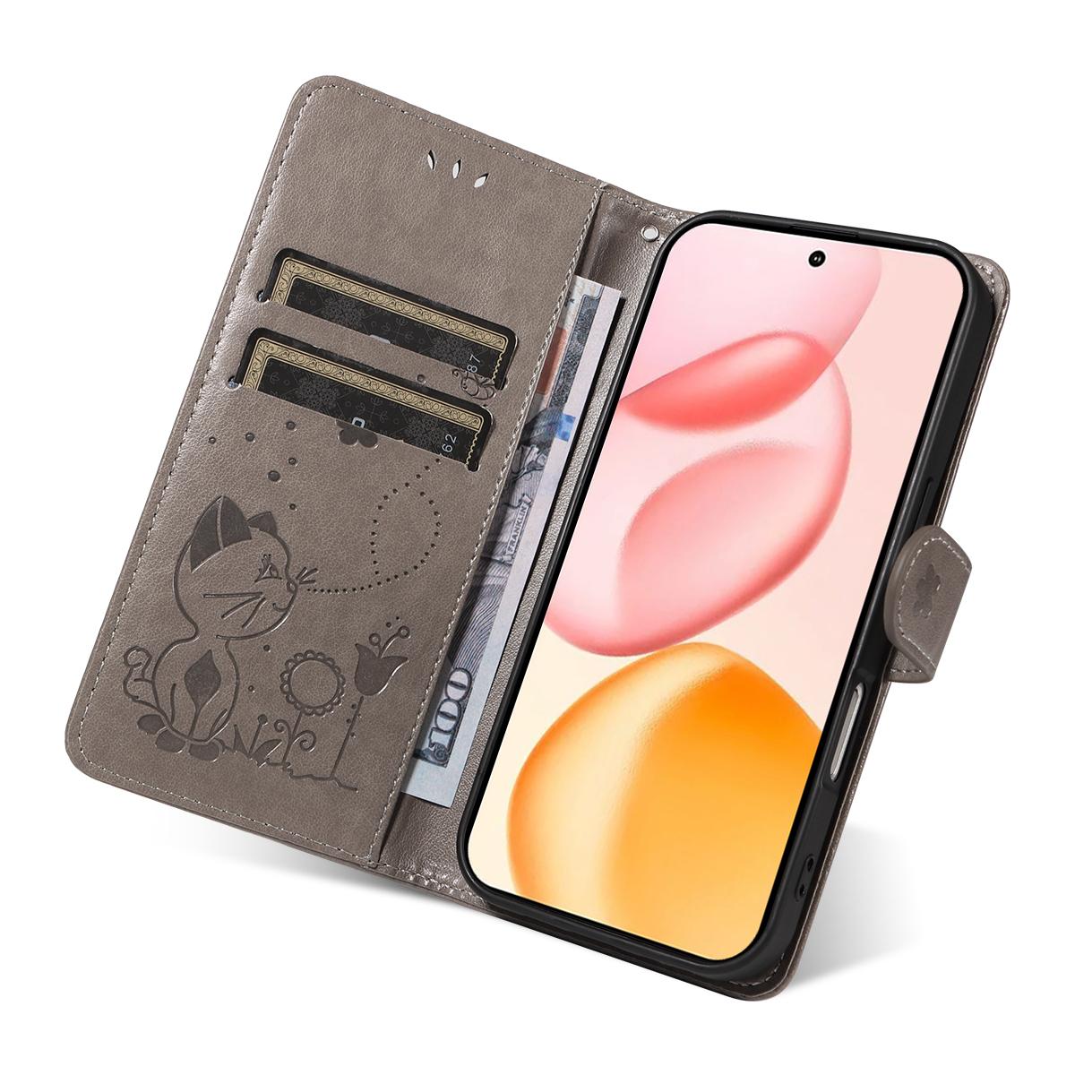 For Honor 400 156.5mm Cat and Bee Embossed Flip Leather Phone Case Wallet Cover with Card Slots Cash Pocket Magnetic Stand Protective Shockproof TPU PU Leather Case with Wrist Strap