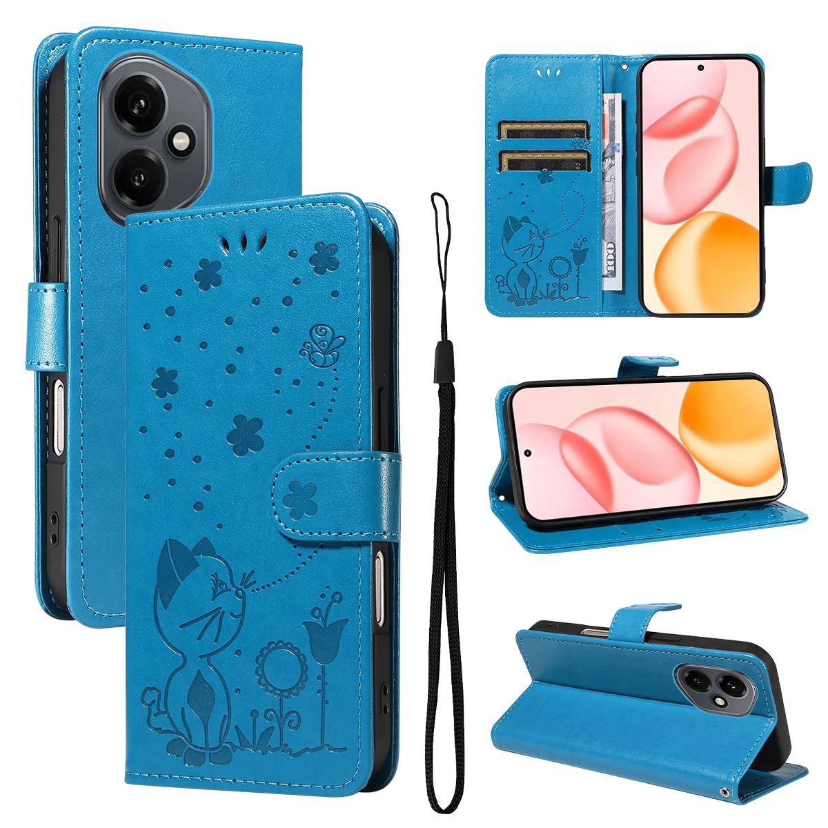 For Honor 400 156.5mm Cat and Bee Embossed Flip Leather Phone Case Wallet Cover with Card Slots Cash Pocket Magnetic Stand Protective Shockproof TPU PU Leather Case with Wrist Strap