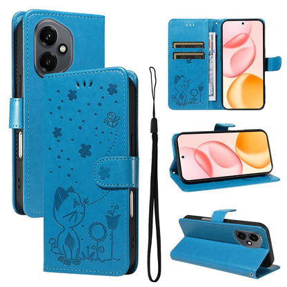 For Honor 400 156.5mm Cat and Bee Embossed Flip Leather Phone Case Wallet Cover with Card Slots Cash Pocket Magnetic Stand Protective Shockproof TPU PU Leather Case with Wrist Strap
