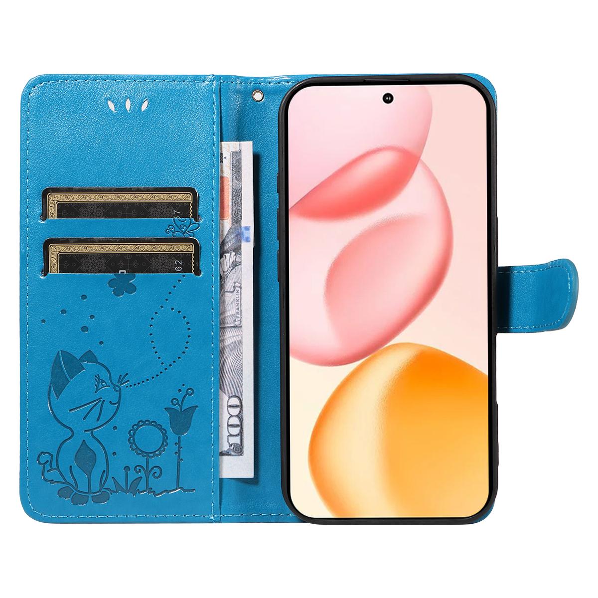 For Honor 400 156.5mm Cat and Bee Embossed Flip Leather Phone Case Wallet Cover with Card Slots Cash Pocket Magnetic Stand Protective Shockproof TPU PU Leather Case with Wrist Strap