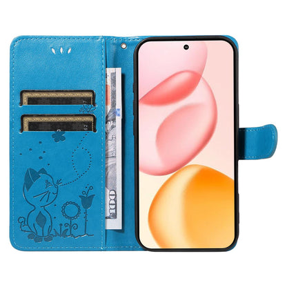 For Honor 400 156.5mm Cat and Bee Embossed Flip Leather Phone Case Wallet Cover with Card Slots Cash Pocket Magnetic Stand Protective Shockproof TPU PU Leather Case with Wrist Strap