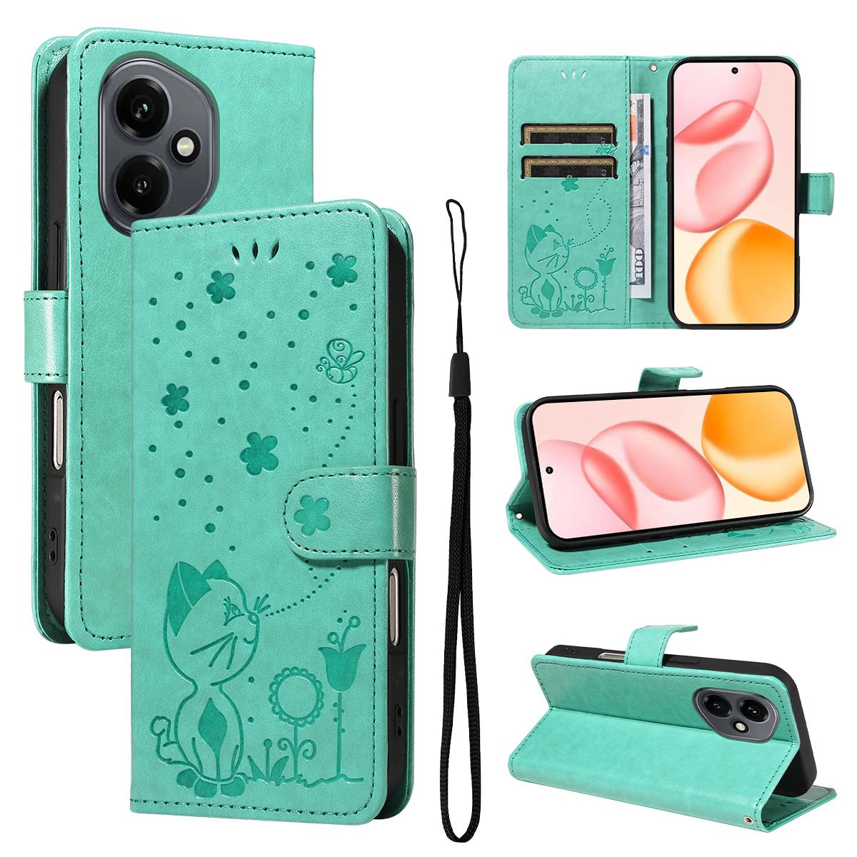 For Honor 400 156.5mm Cat and Bee Embossed Flip Leather Phone Case Wallet Cover with Card Slots Cash Pocket Magnetic Stand Protective Shockproof TPU PU Leather Case with Wrist Strap