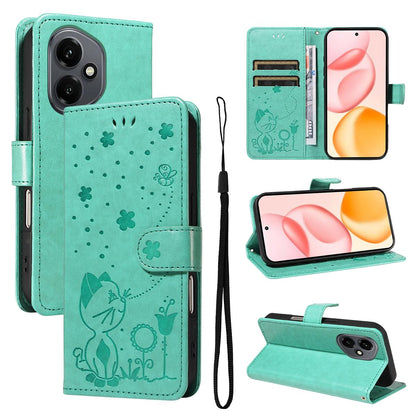 For Honor 400 156.5mm Cat and Bee Embossed Flip Leather Phone Case Wallet Cover with Card Slots Cash Pocket Magnetic Stand Protective Shockproof TPU PU Leather Case with Wrist Strap