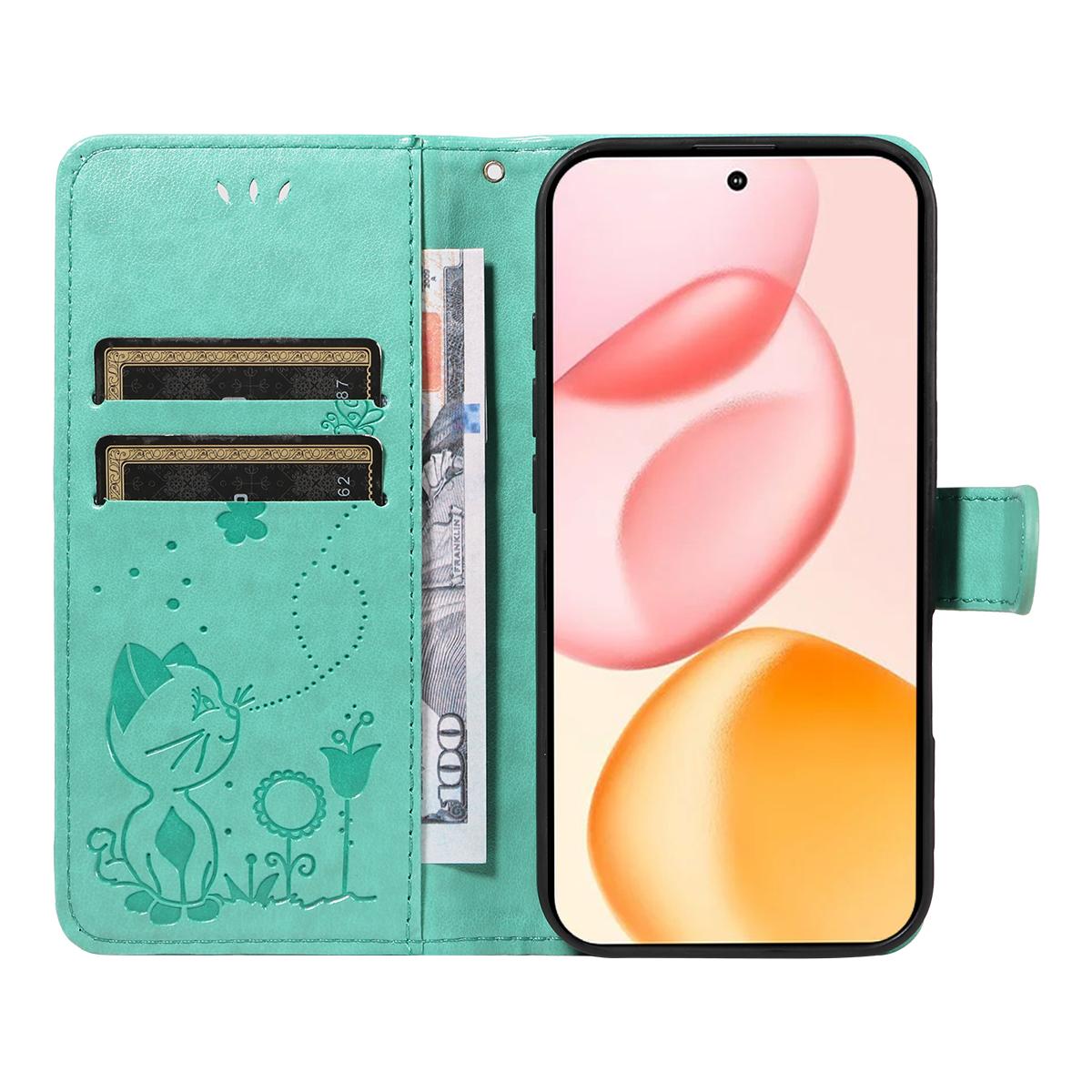 For Honor 400 156.5mm Cat and Bee Embossed Flip Leather Phone Case Wallet Cover with Card Slots Cash Pocket Magnetic Stand Protective Shockproof TPU PU Leather Case with Wrist Strap
