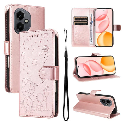 For Honor 400 156.5mm Cat and Bee Embossed Flip Leather Phone Case Wallet Cover with Card Slots Cash Pocket Magnetic Stand Protective Shockproof TPU PU Leather Case with Wrist Strap