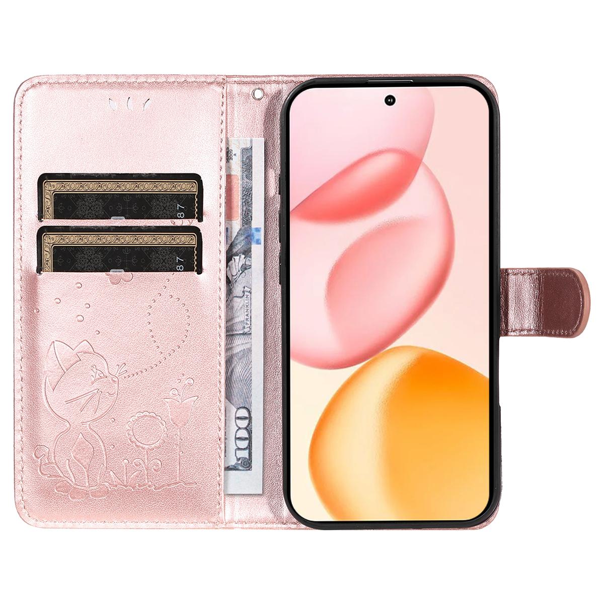 For Honor 400 156.5mm Cat and Bee Embossed Flip Leather Phone Case Wallet Cover with Card Slots Cash Pocket Magnetic Stand Protective Shockproof TPU PU Leather Case with Wrist Strap