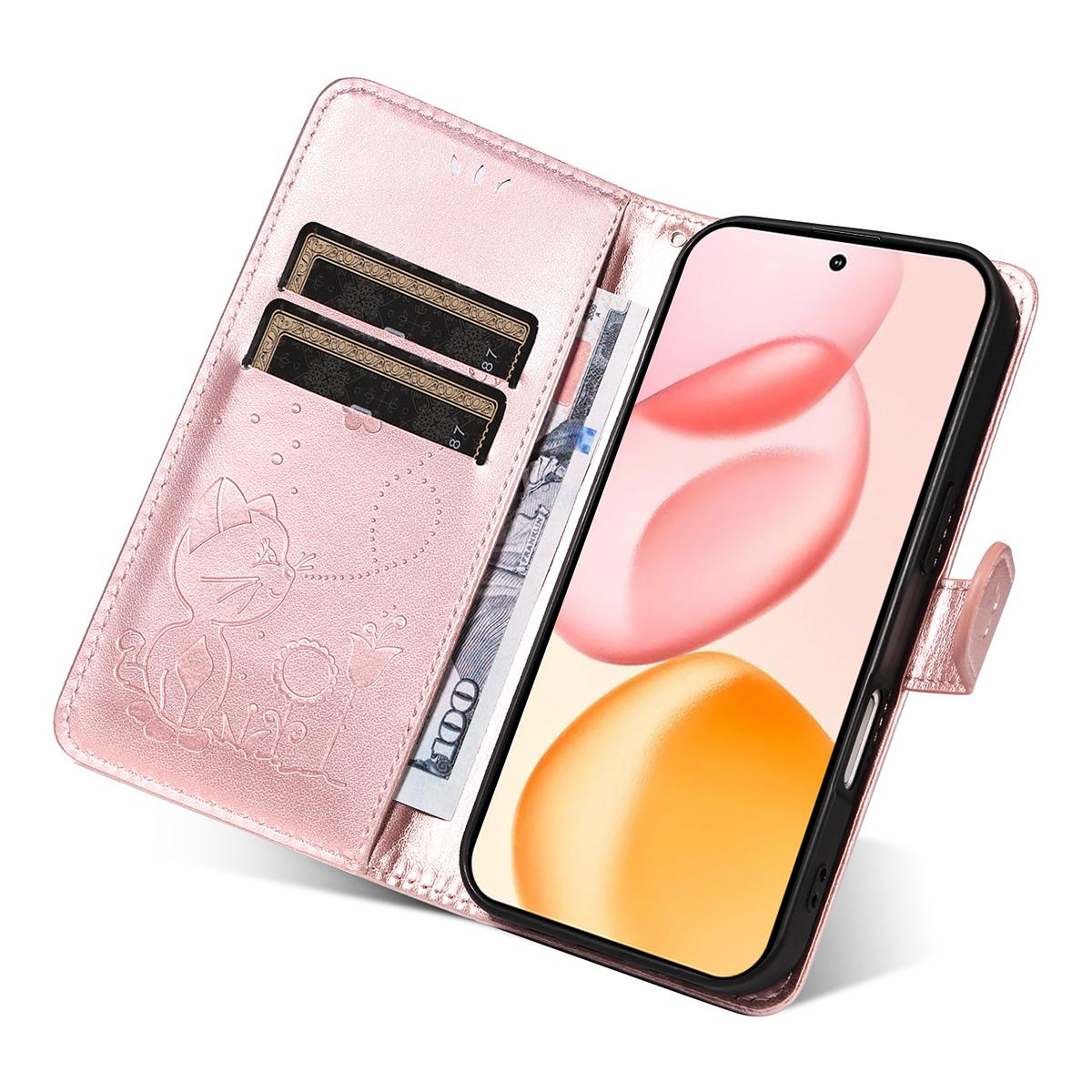 For Honor 400 156.5mm Cat and Bee Embossed Flip Leather Phone Case Wallet Cover with Card Slots Cash Pocket Magnetic Stand Protective Shockproof TPU PU Leather Case with Wrist Strap