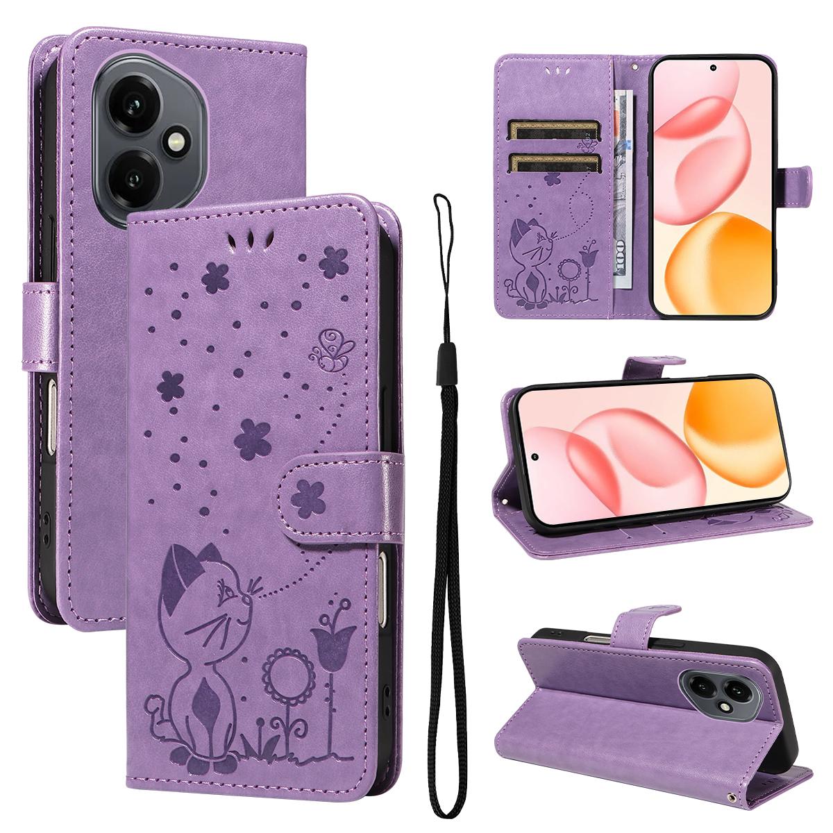 For Honor 400 156.5mm Cat and Bee Embossed Flip Leather Phone Case Wallet Cover with Card Slots Cash Pocket Magnetic Stand Protective Shockproof TPU PU Leather Case with Wrist Strap
