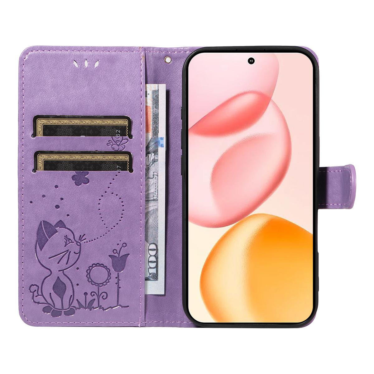 For Honor 400 156.5mm Cat and Bee Embossed Flip Leather Phone Case Wallet Cover with Card Slots Cash Pocket Magnetic Stand Protective Shockproof TPU PU Leather Case with Wrist Strap