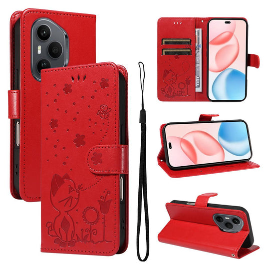 For Honor 400 Pro 160.8mm Cat and Bee Embossed Flip Leather Phone Case Wallet Cover with Card Slots Cash Pocket Magnetic Stand Protective Shockproof TPU PU Leather Case with Wrist Strap