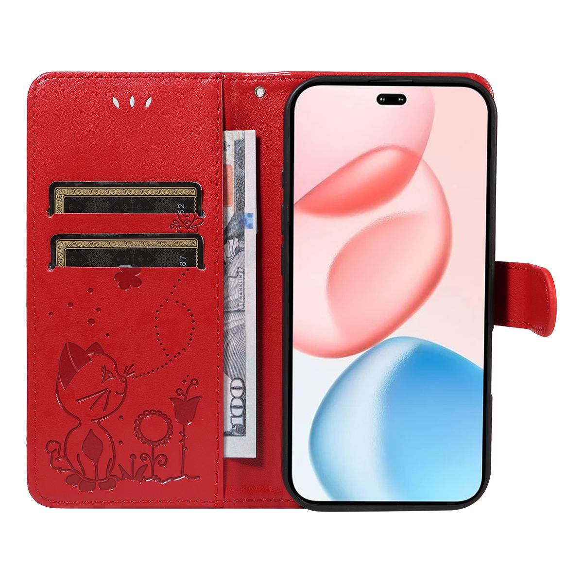 For Honor 400 Pro 160.8mm Cat and Bee Embossed Flip Leather Phone Case Wallet Cover with Card Slots Cash Pocket Magnetic Stand Protective Shockproof TPU PU Leather Case with Wrist Strap