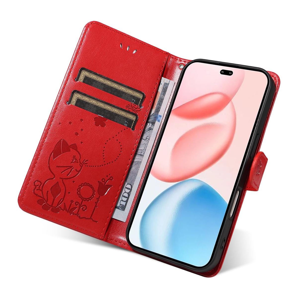 For Honor 400 Pro 160.8mm Cat and Bee Embossed Flip Leather Phone Case Wallet Cover with Card Slots Cash Pocket Magnetic Stand Protective Shockproof TPU PU Leather Case with Wrist Strap