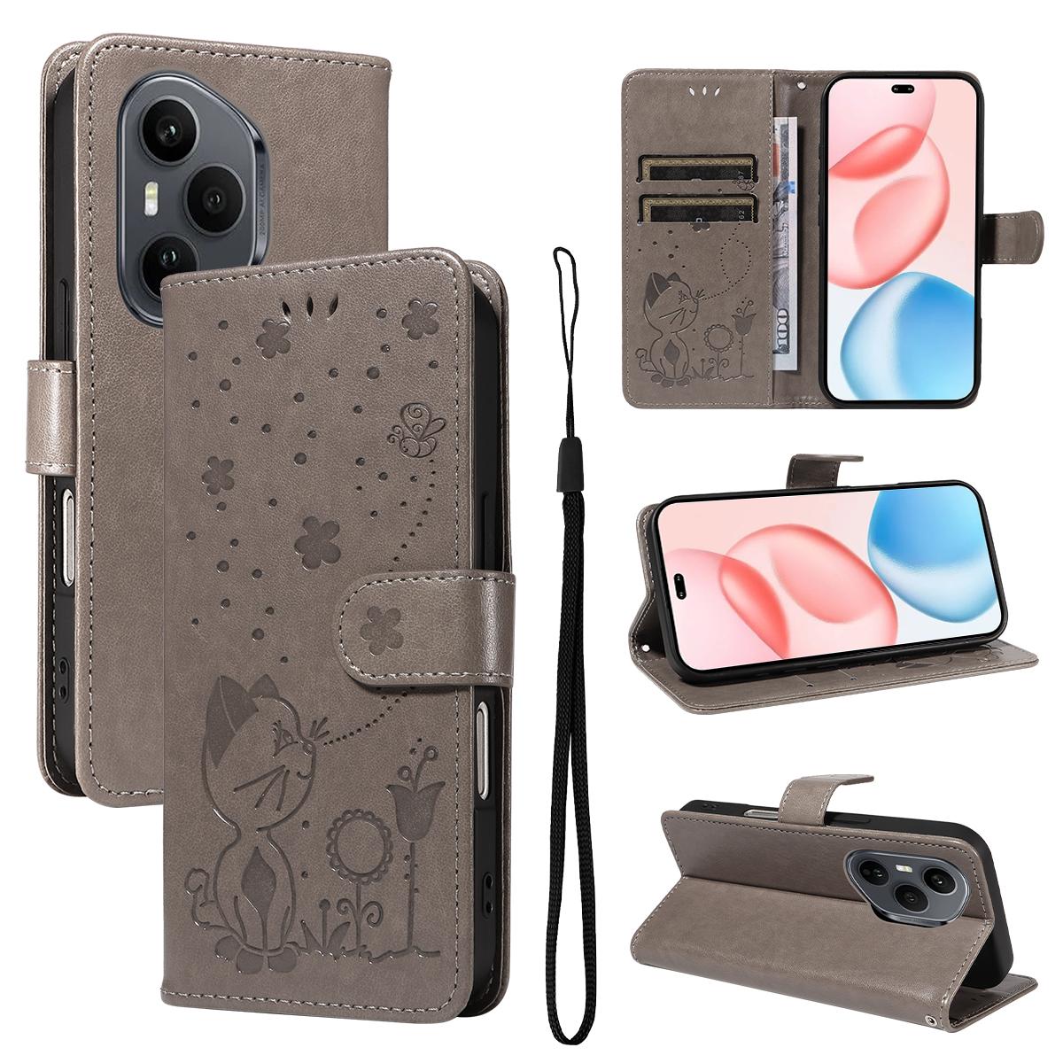 For Honor 400 Pro 160.8mm Cat and Bee Embossed Flip Leather Phone Case Wallet Cover with Card Slots Cash Pocket Magnetic Stand Protective Shockproof TPU PU Leather Case with Wrist Strap