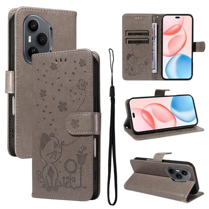For Honor 400 Pro 160.8mm Cat and Bee Embossed Flip Leather Phone Case Wallet Cover with Card Slots Cash Pocket Magnetic Stand Protective Shockproof TPU PU Leather Case with Wrist Strap