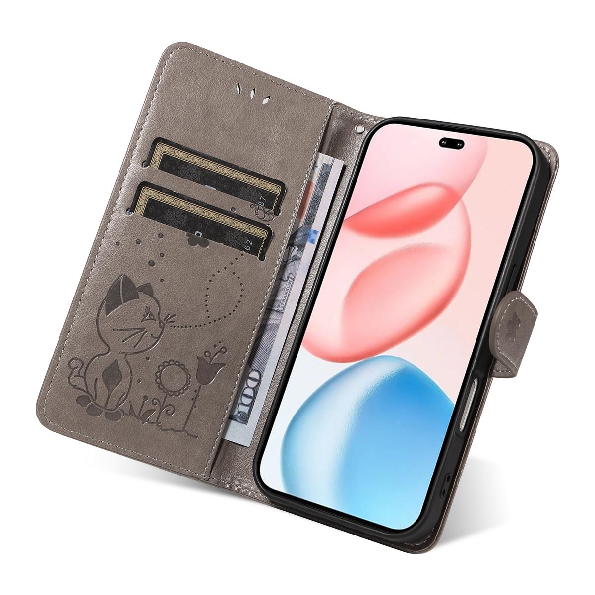 For Honor 400 Pro 160.8mm Cat and Bee Embossed Flip Leather Phone Case Wallet Cover with Card Slots Cash Pocket Magnetic Stand Protective Shockproof TPU PU Leather Case with Wrist Strap