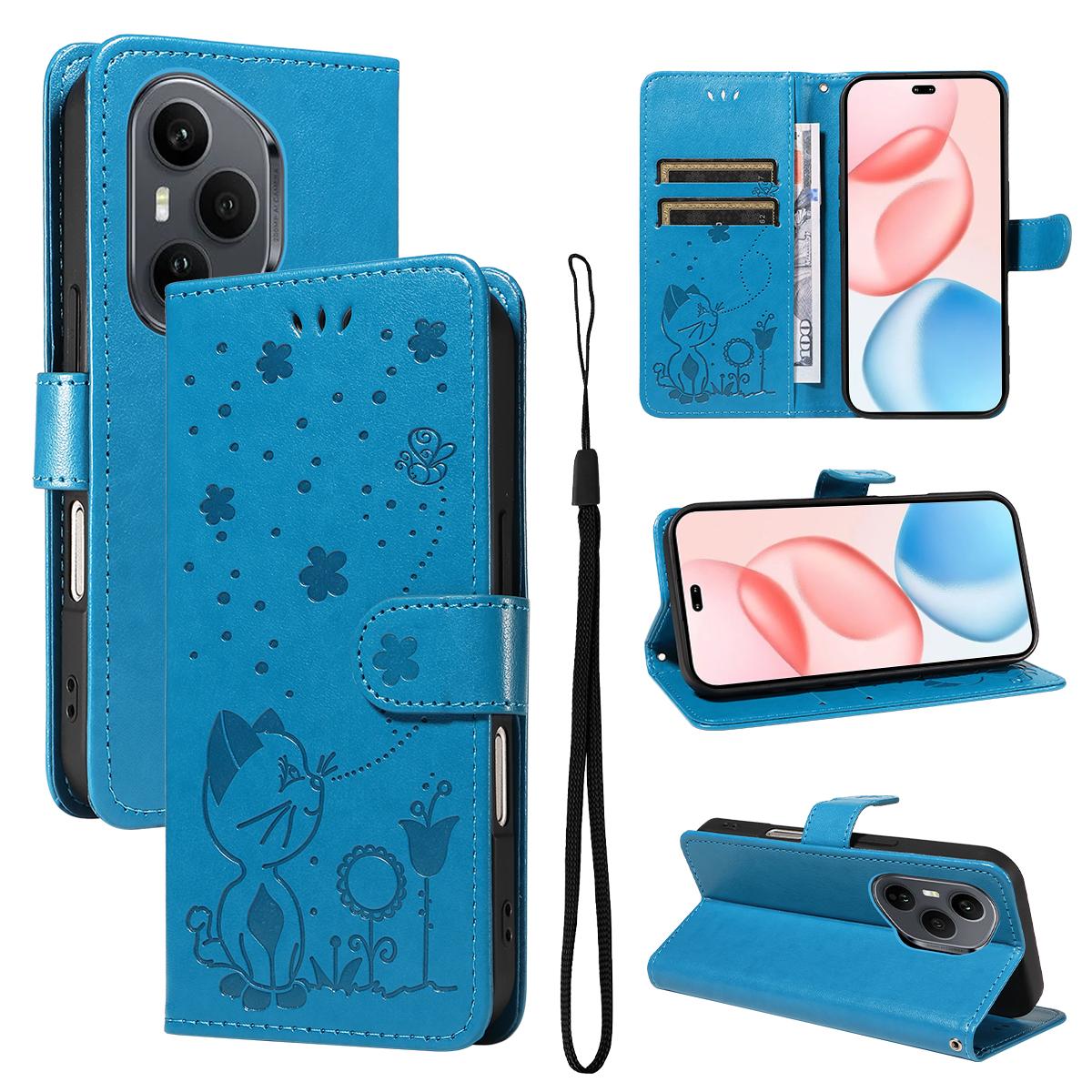 For Honor 400 Pro 160.8mm Cat and Bee Embossed Flip Leather Phone Case Wallet Cover with Card Slots Cash Pocket Magnetic Stand Protective Shockproof TPU PU Leather Case with Wrist Strap