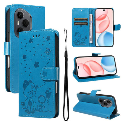 For Honor 400 Pro 160.8mm Cat and Bee Embossed Flip Leather Phone Case Wallet Cover with Card Slots Cash Pocket Magnetic Stand Protective Shockproof TPU PU Leather Case with Wrist Strap