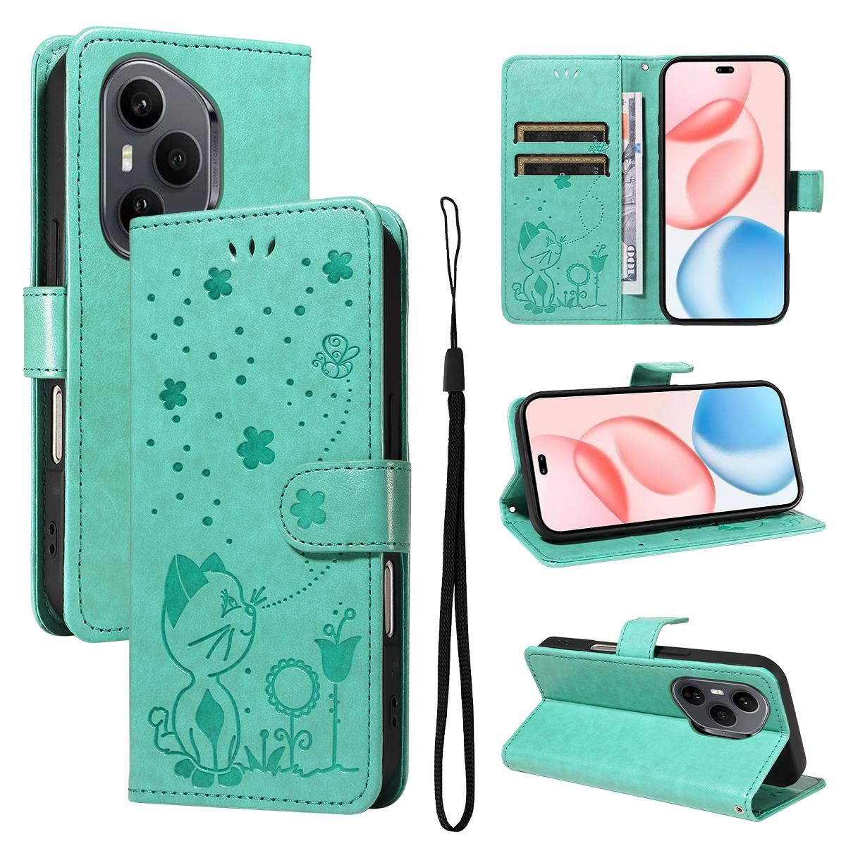 For Honor 400 Pro 160.8mm Cat and Bee Embossed Flip Leather Phone Case Wallet Cover with Card Slots Cash Pocket Magnetic Stand Protective Shockproof TPU PU Leather Case with Wrist Strap