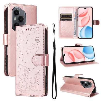 For Honor 400 Pro 160.8mm Cat and Bee Embossed Flip Leather Phone Case Wallet Cover with Card Slots Cash Pocket Magnetic Stand Protective Shockproof TPU PU Leather Case with Wrist Strap