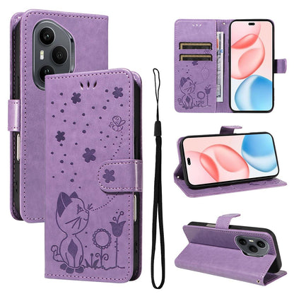 For Honor 400 Pro 160.8mm Cat and Bee Embossed Flip Leather Phone Case Wallet Cover with Card Slots Cash Pocket Magnetic Stand Protective Shockproof TPU PU Leather Case with Wrist Strap